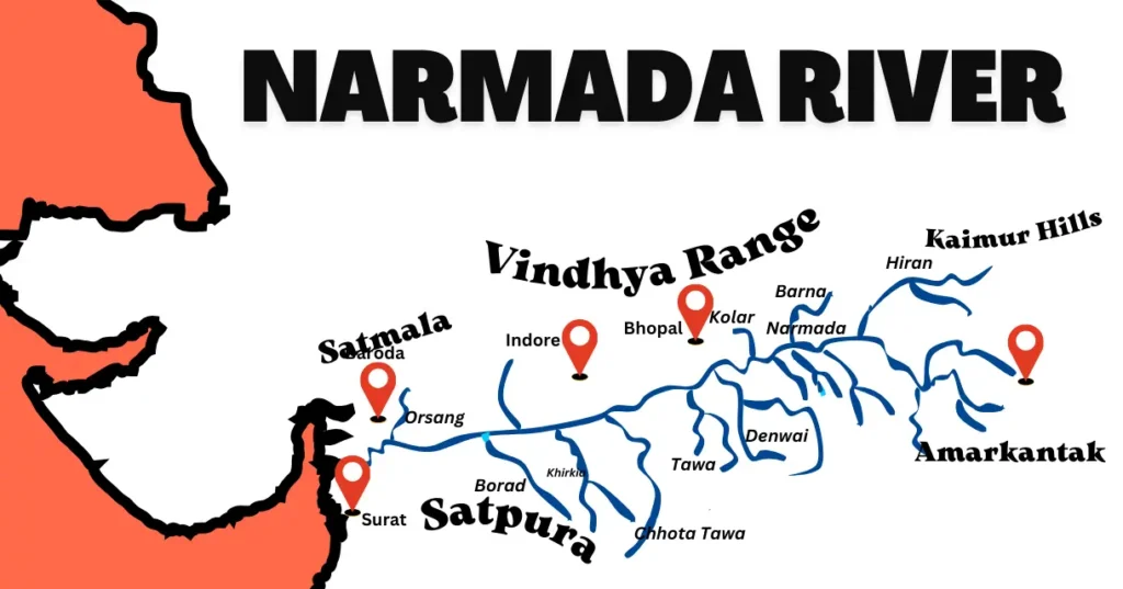 Narmada River Map, dams, tributaries and origin