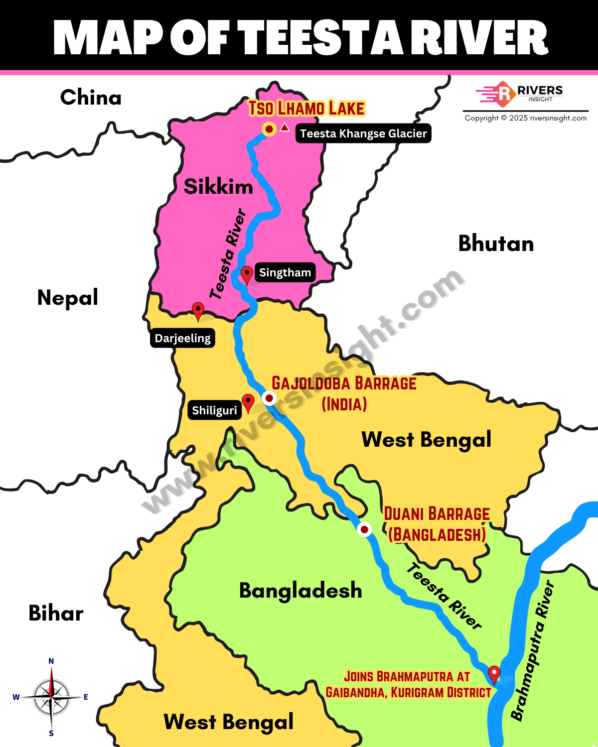 Map of Teesta River - Tributary of Brahmaputra