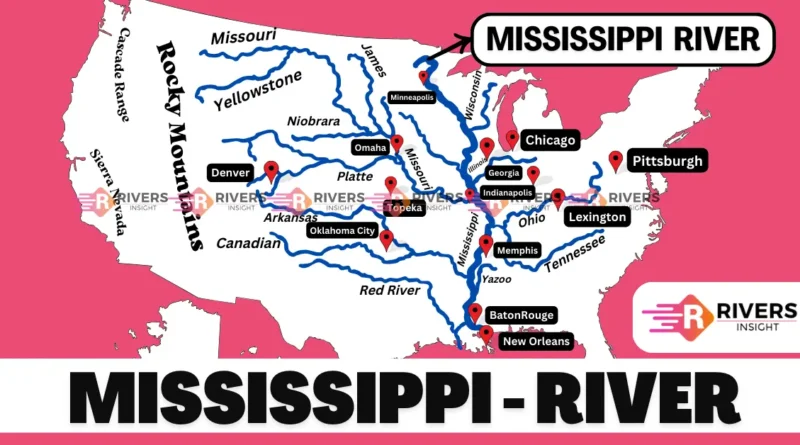 Map of Mississippi River with Tributaries in USA