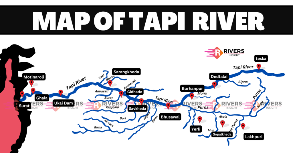 Map of Tapti or Tapi River with origin - Gujarat