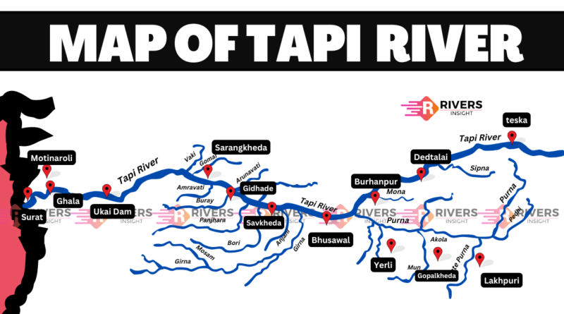 Map of Tapti or Tapi River with origin - Gujarat