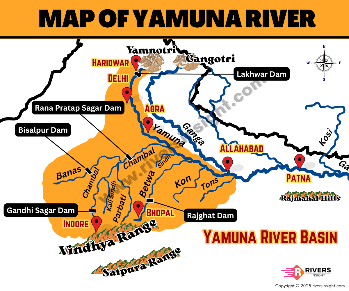 Yamuna River Map with Dams