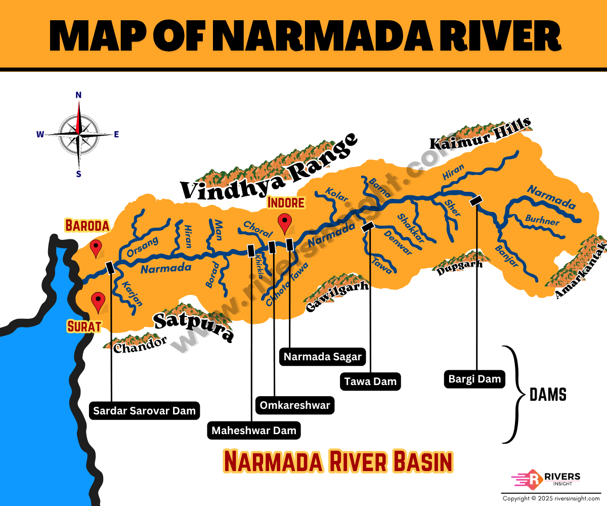 Map of Narmada River from Starting to End in India