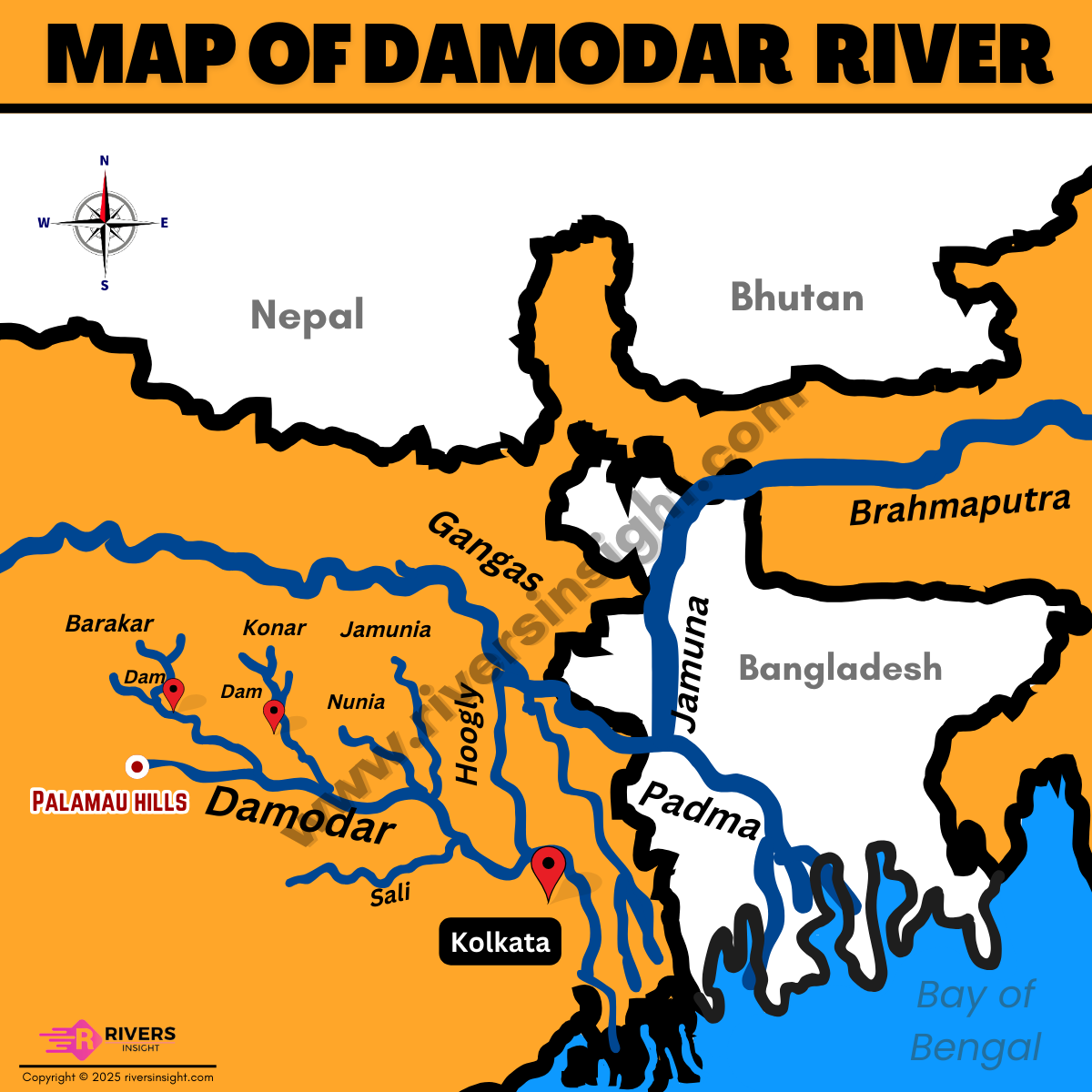 Map of Damodar River in India from Start to End