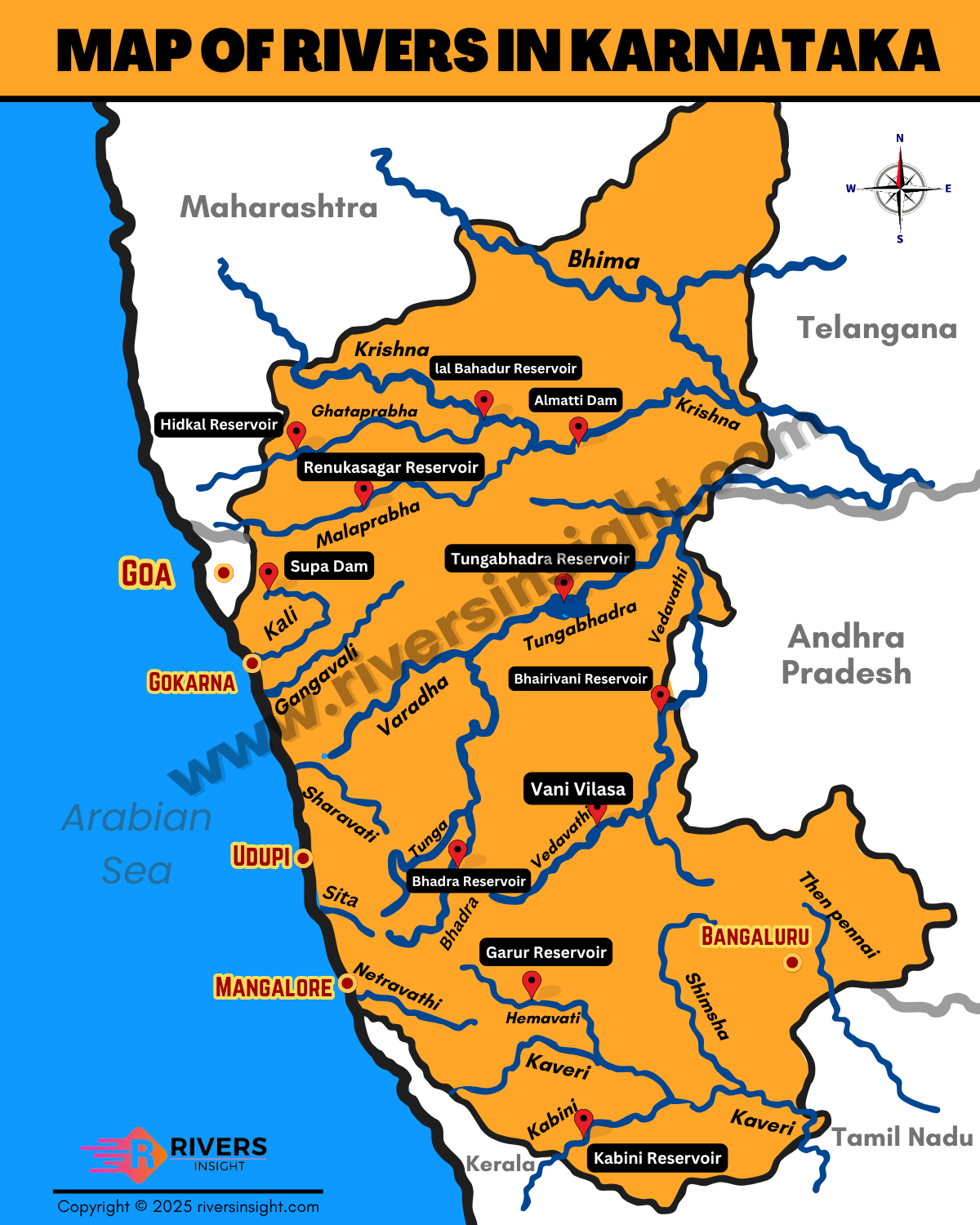 Rivers of Karnataka Map - Outline