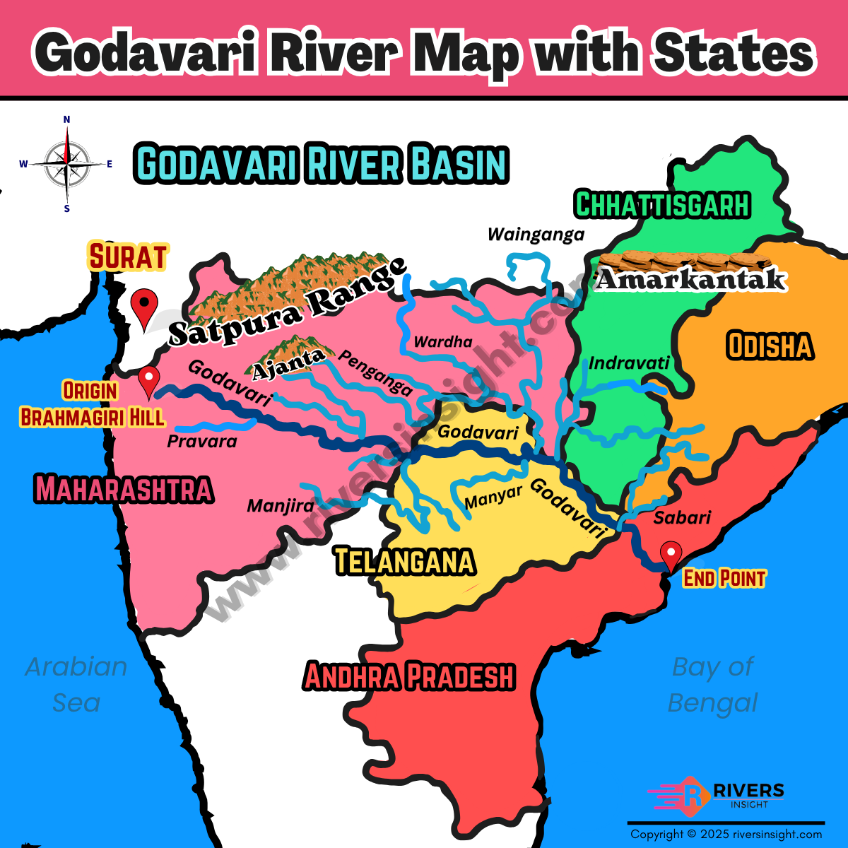 Godavari River Map with States in India