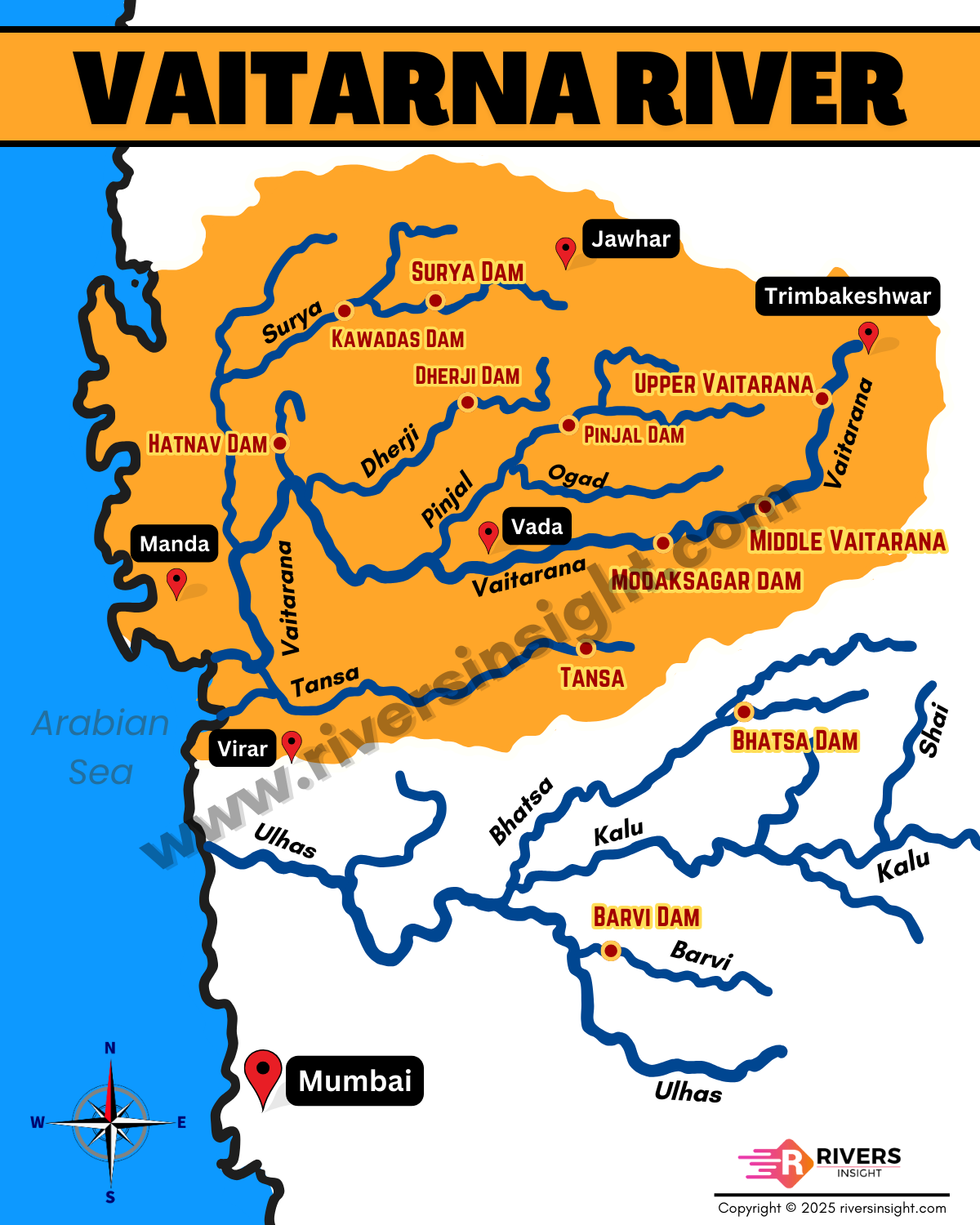 Map of Vaitarna River with Dams and Origin in Maharashtra