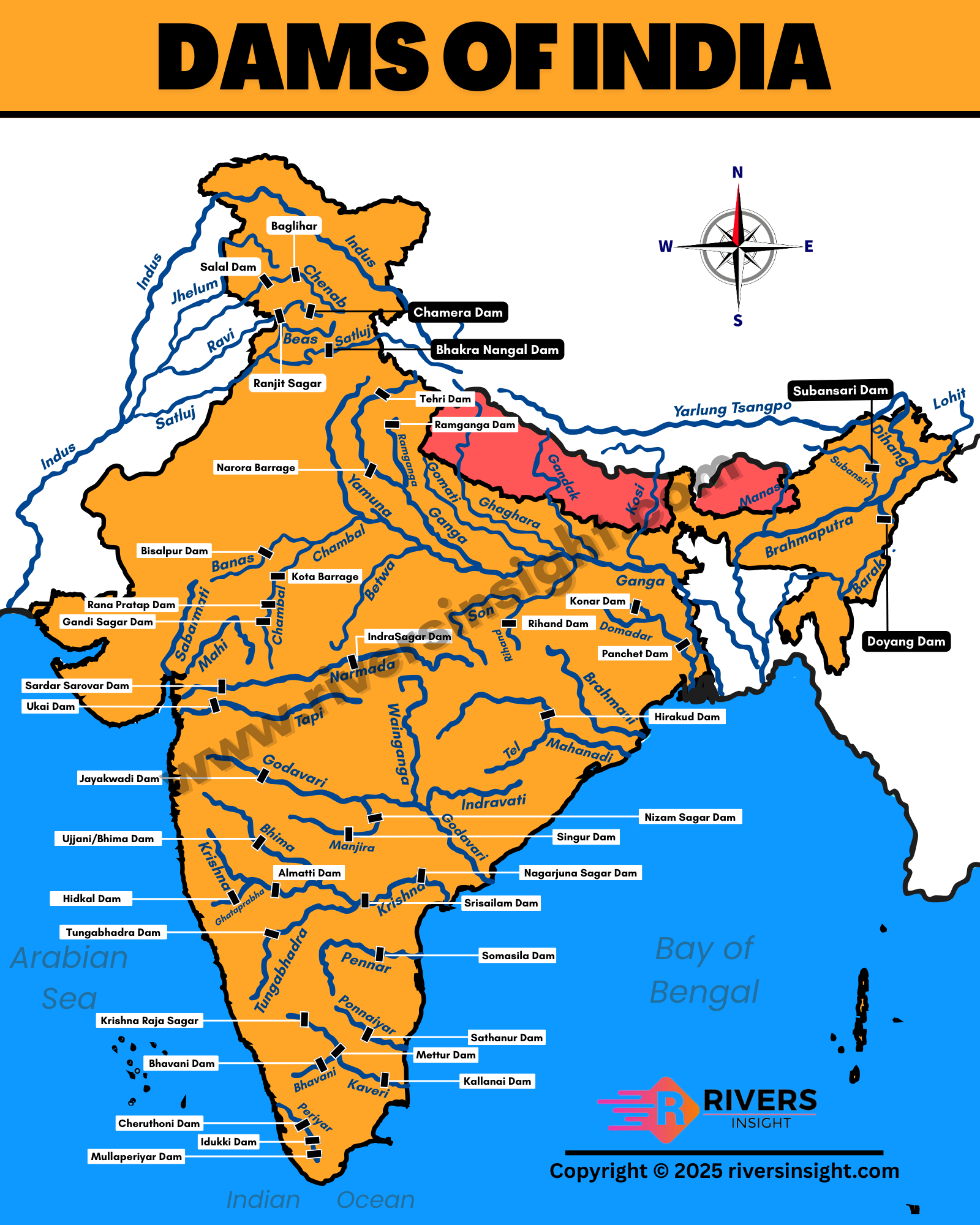 Dams of India Map - Largest, Highest, and Oldest Reservoir with Rivers