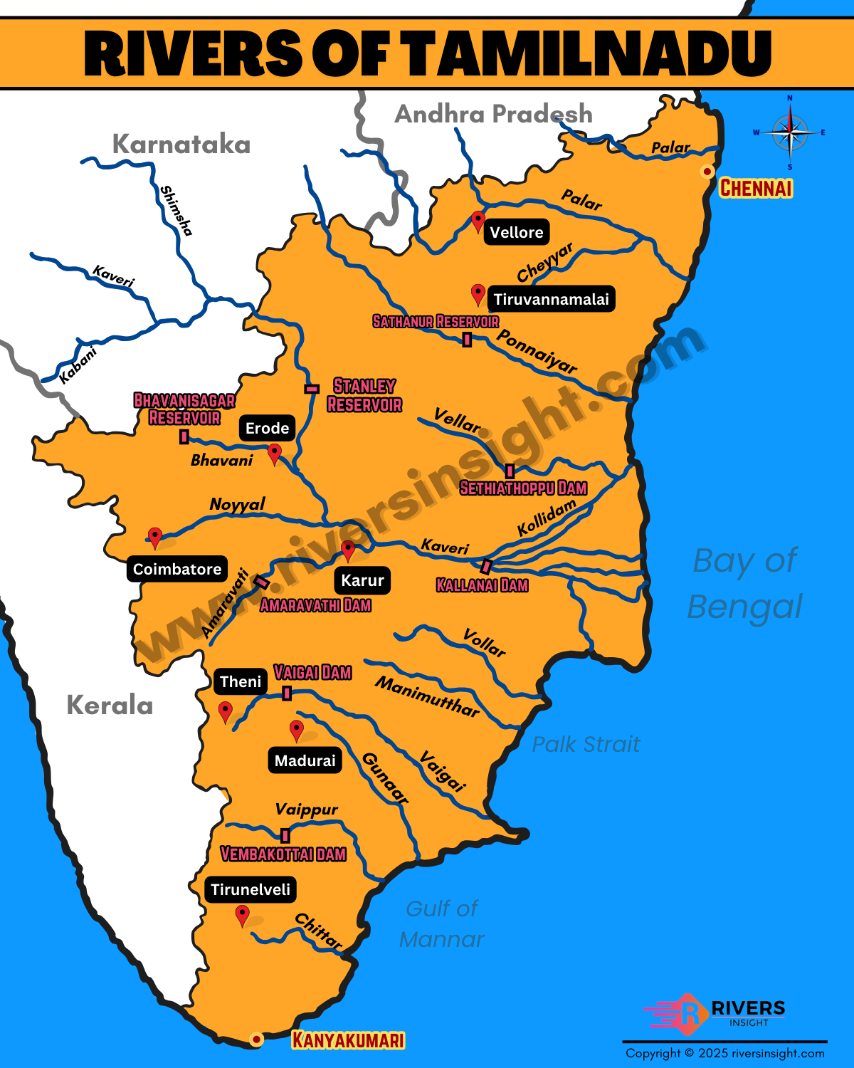 Map of Rivers in TamilNadu with Dams List
