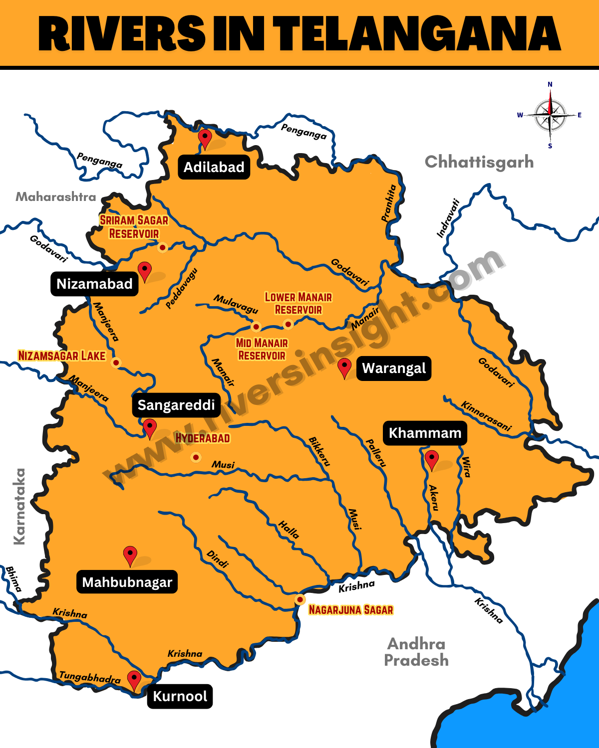 Rivers in Telangana Map