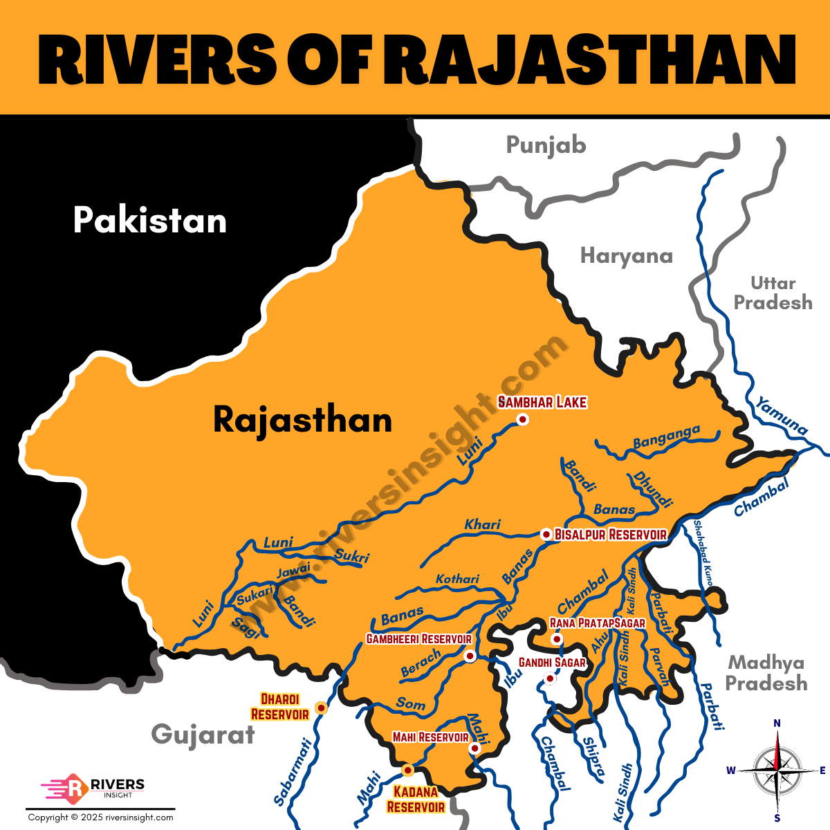 Rivers of Rajasthan Map with Names