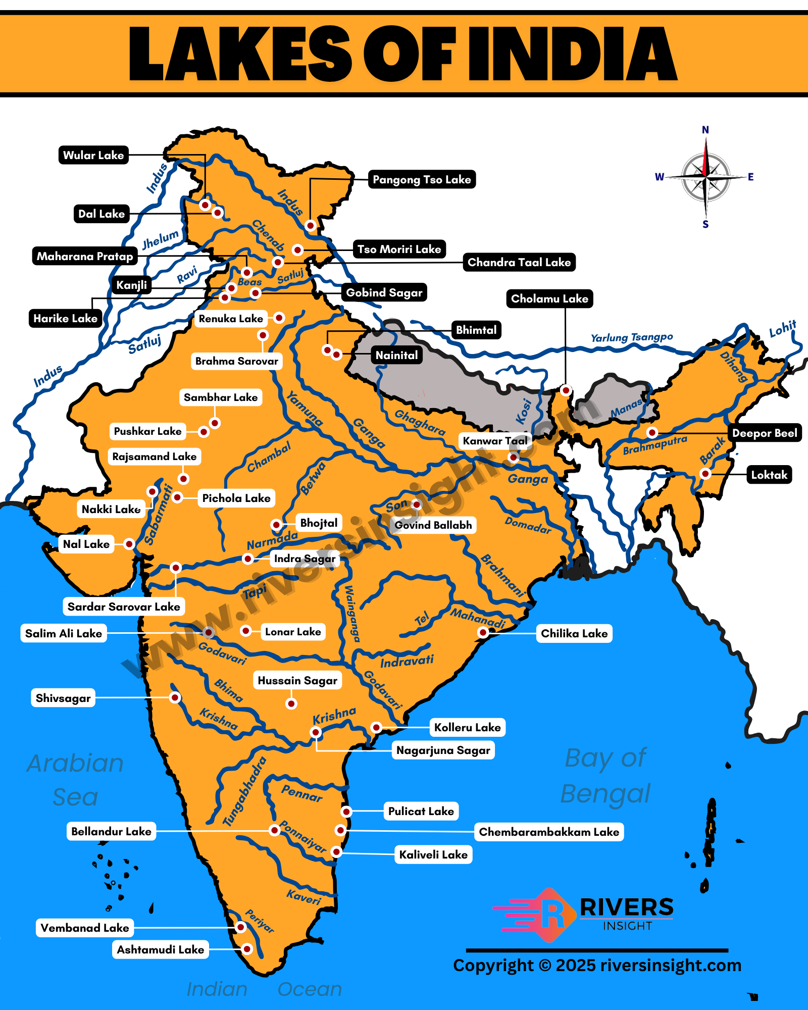 Map of Lakes in India - Largest Artificial, Salt and Freshwater with Types