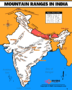 Map of Hills and Mountain Ranges in India showing the Himalayas, Western Ghats, Eastern Ghats, Aravalli, Vindhya, Satpura, Nilgiri, and locations of highest peaks like Kangchenjunga, Anamudi, and Guru Shikhar.