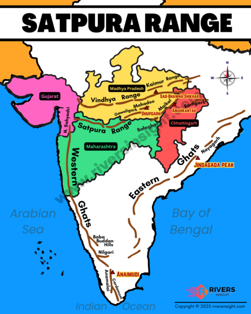 Map of Satpura Range in India - Highest Peaks, Mountain and Hills