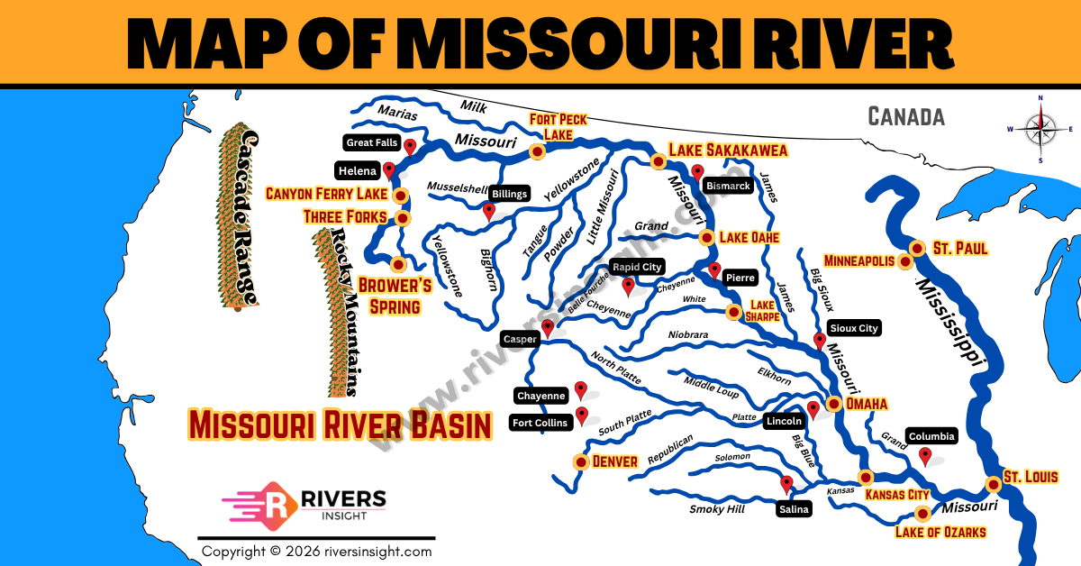 Map of Missouri River in United States of America